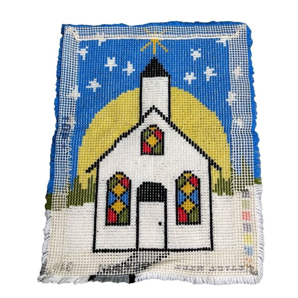 Vintage Christmas Handmade Wall Hanging Church Stars Holiday Latch Hook Rug - Picture 8 of 9